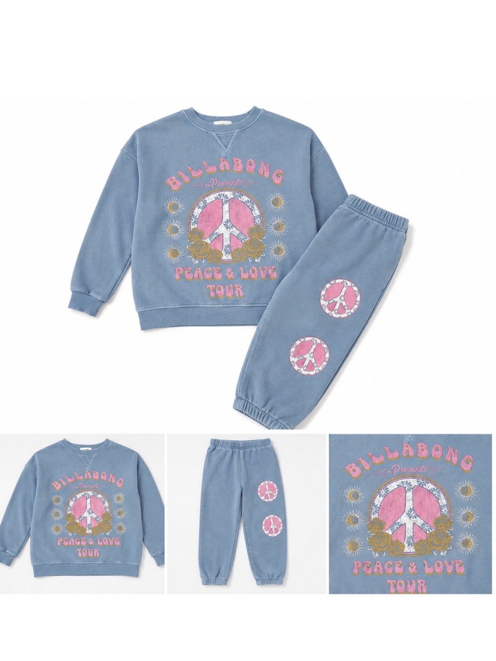 Billabong Kids Blue Sweatshirt & Joggers Set with Pink Peace Graphics